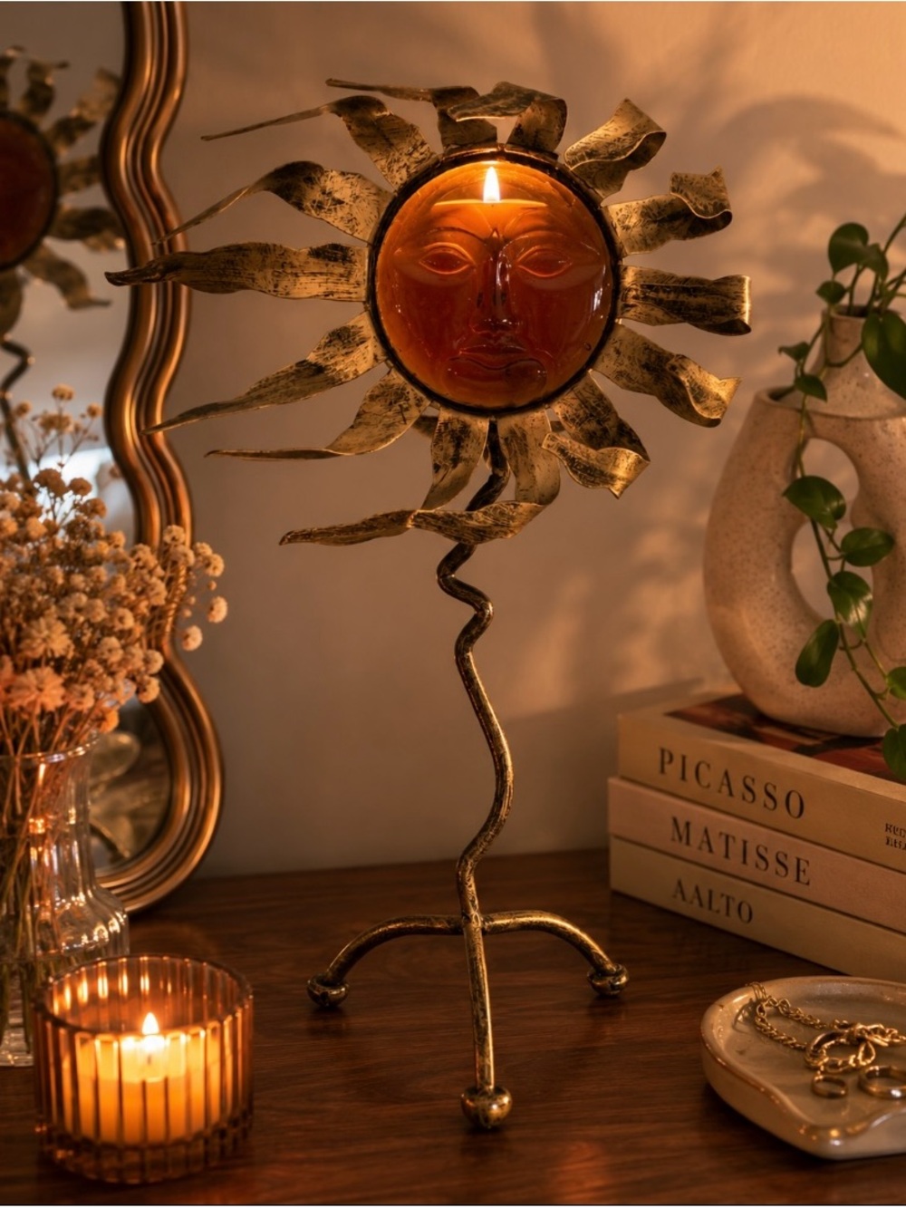 ☀️ Vintage 1990s Sun Face Candle Holder | Amber Glass & Metal Boho Decor ☀️